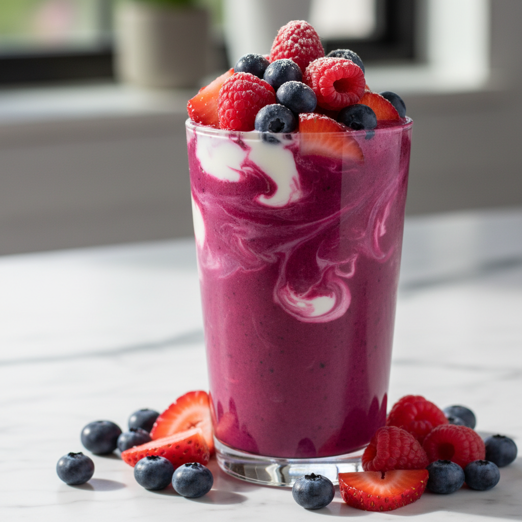 berry protein smoothie with Greek yogurt and fresh berries