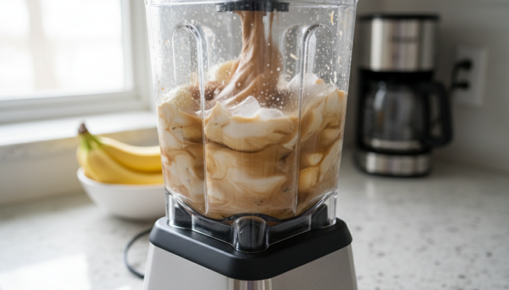 blender making coffee protein smoothie with ingredients
