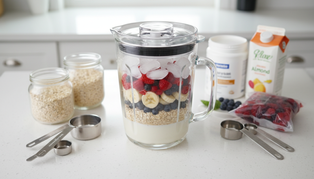 blender with ingredients for smoothies for weight losing with oats preparation process