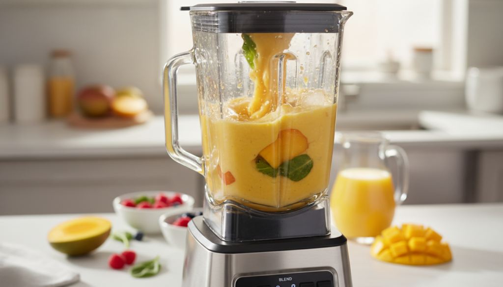 blender with mango smoothie ingredients being blended showing creamy yellow mixture