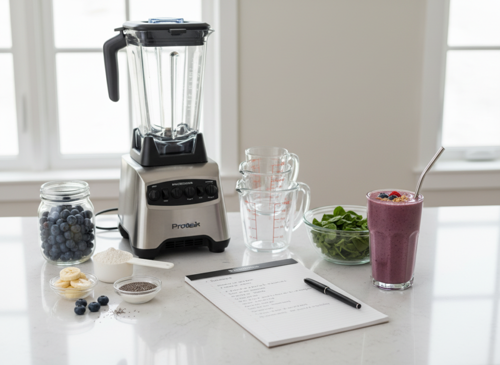 blender with protein smoothie ingredients and tips