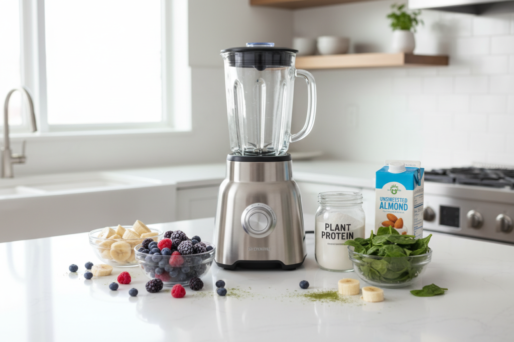blender with smoothie ingredients on kitchen counter