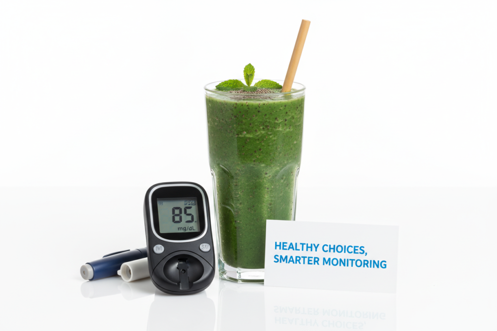 blood sugar monitoring concept with healthy smoothie