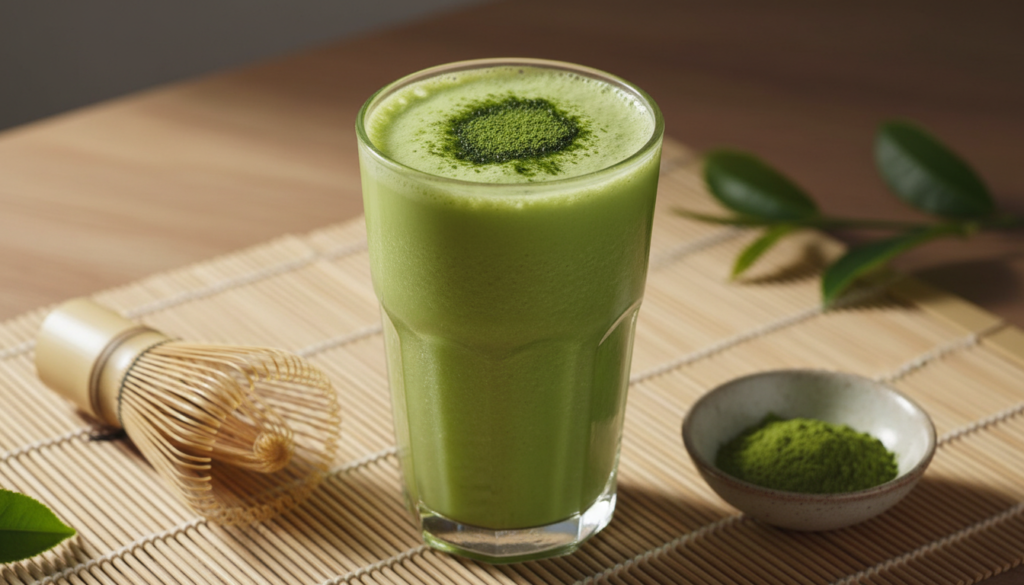 bright green matcha smoothie with matcha powder