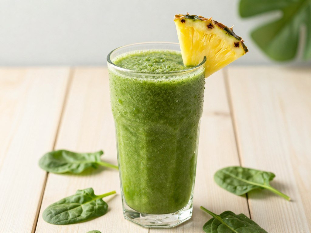 bright green smoothie with pineapple wedge and spinach leaves as garnish bright green smoothie with pineapple wedge and spinach leaves as garnish