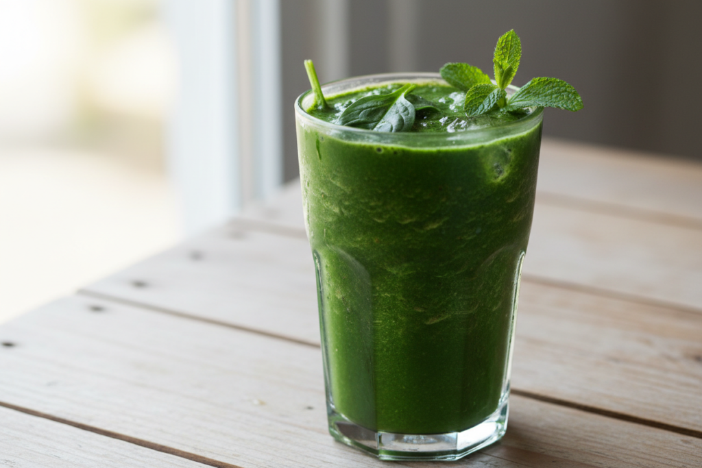 bright green smoothie with spinach leaves as garnish