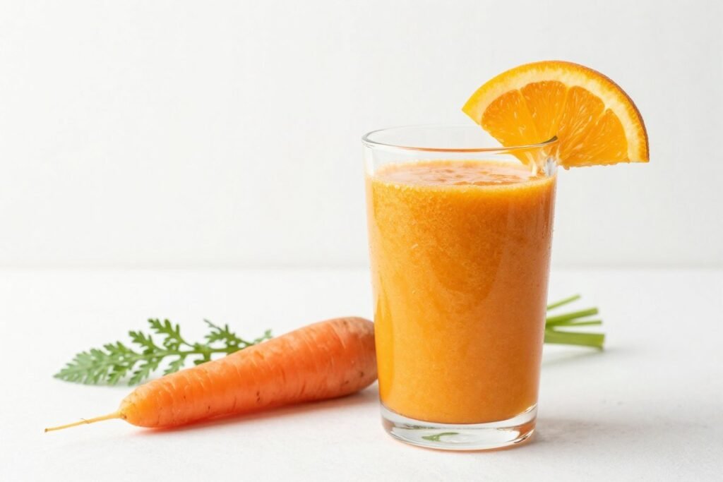 bright orange smoothie with orange slice garnish and fresh carrot bright orange smoothie with orange slice garnish and fresh carrot
