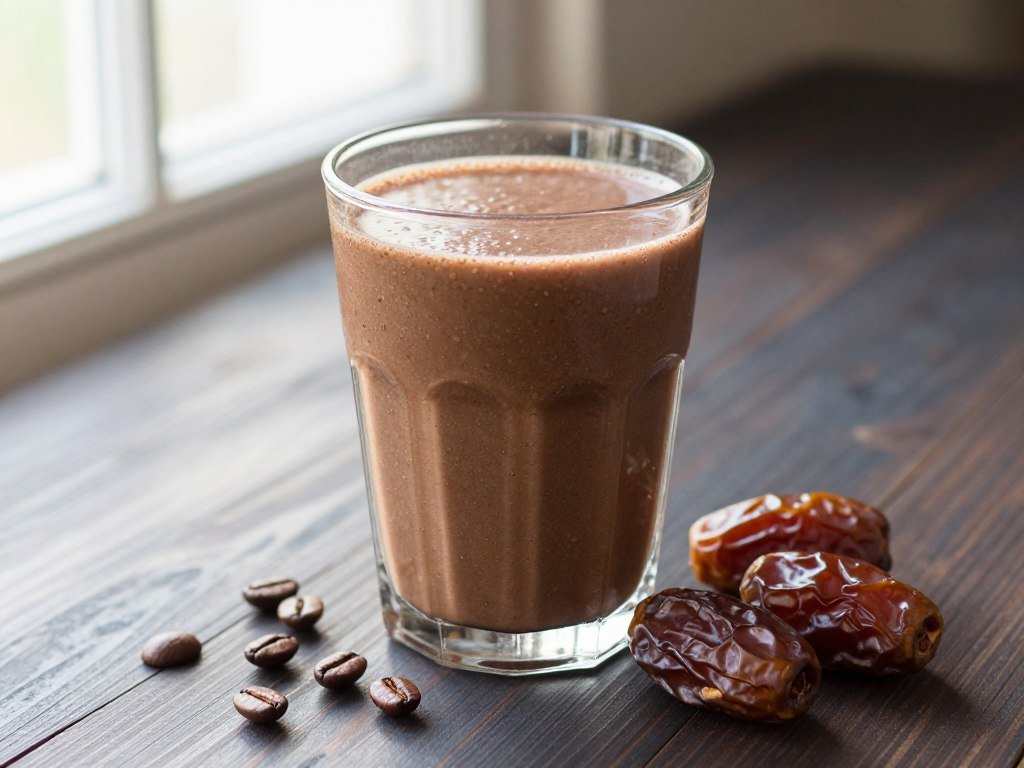 brown coffee smoothie with whole dates and coffee beans scattered around brown coffee smoothie with whole dates and coffee beans scattered around