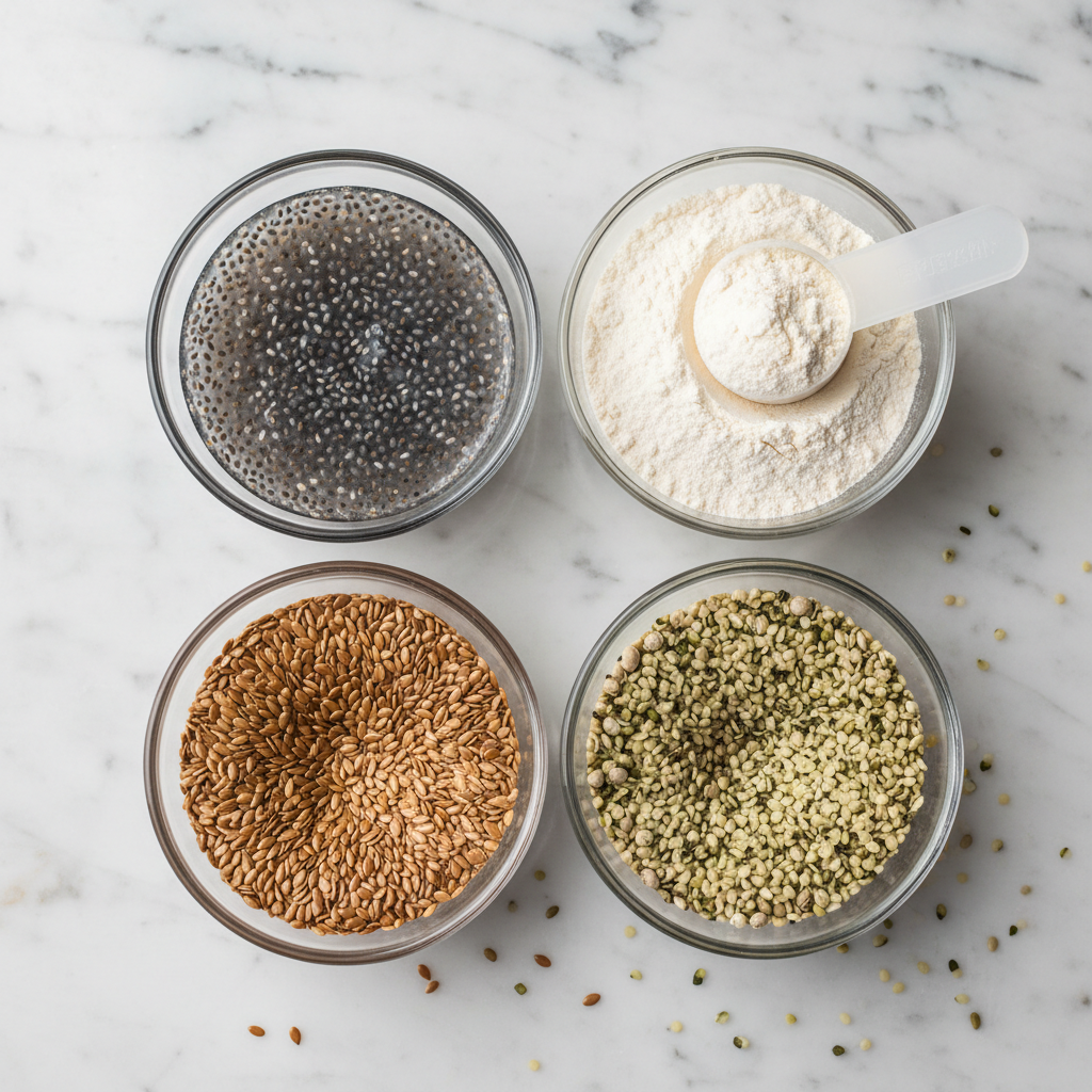 chia seeds protein powder and other smoothie boosters in small bowls