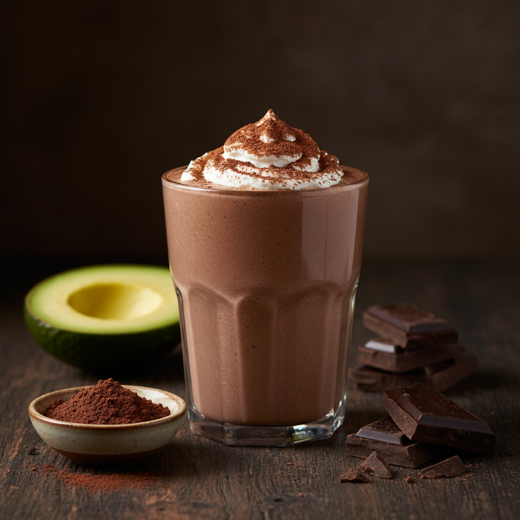 chocolate avocado smoothie in glass with cocoa powder