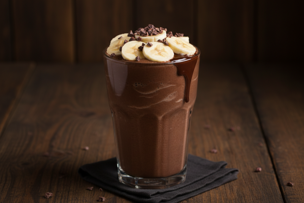 chocolate banana protein smoothie in glass with banana slices