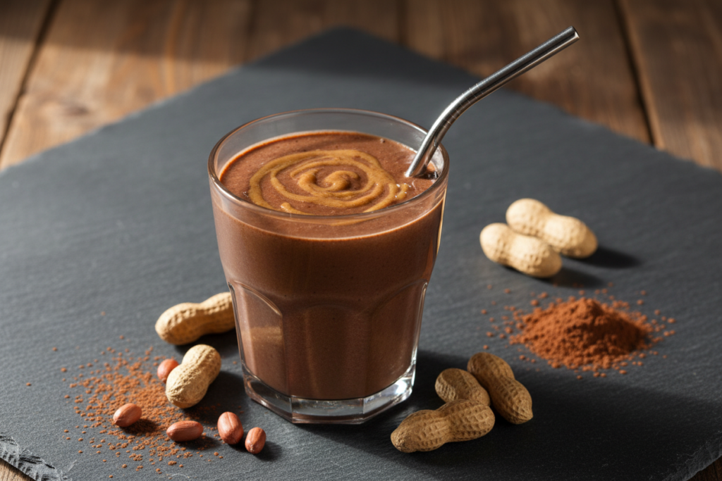 chocolate oatmeal smoothie with peanut butter for weight loss in glass with cocoa powder garnish