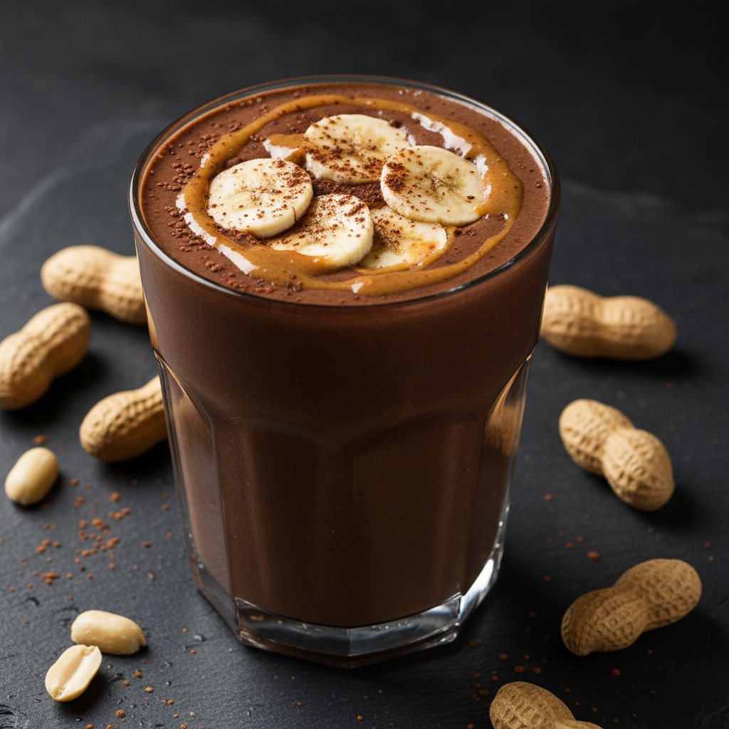 chocolate peanut butter protein smoothie in glass with banana