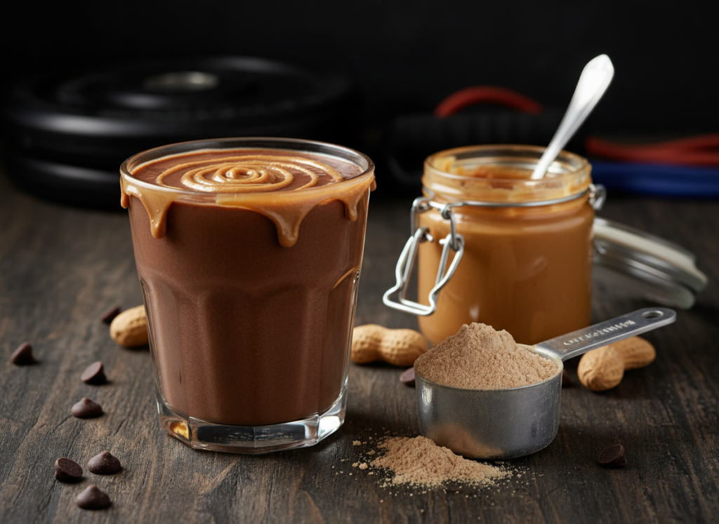 chocolate protein smoothie with peanut butter
