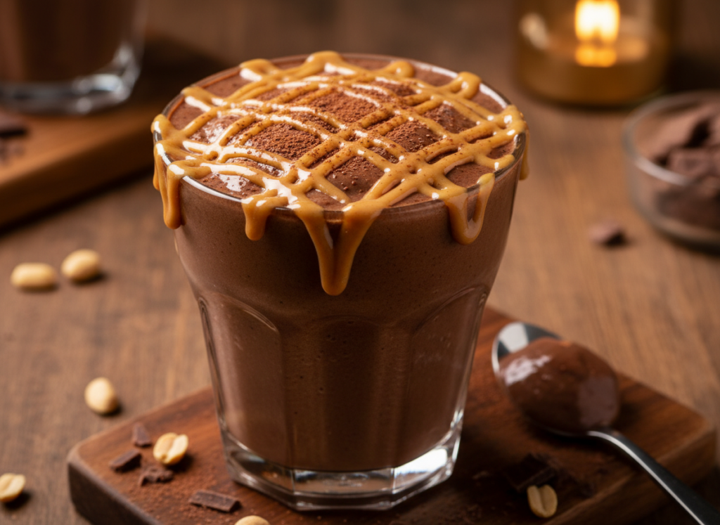 chocolate smoothie in a glass with peanut butter drizzle