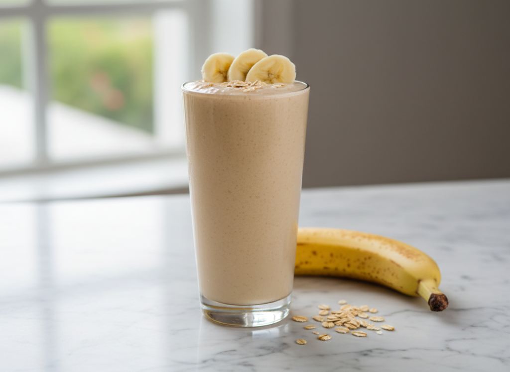 classic banana smoothie in tall glass showing creamy texture