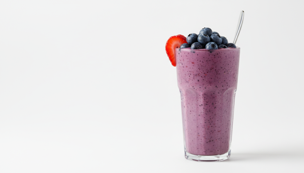 classic mixed berry frozen fruit smoothie in glass with fresh berries