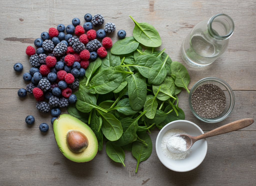 clear skin smoothie ingredients arranged on a wooden cutting board