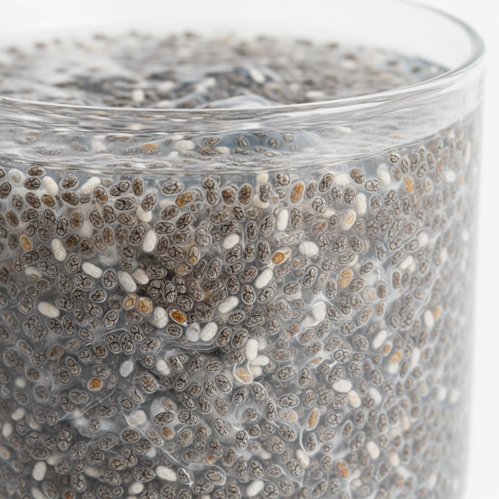 close-up of chia seeds in smoothie showing gel texture