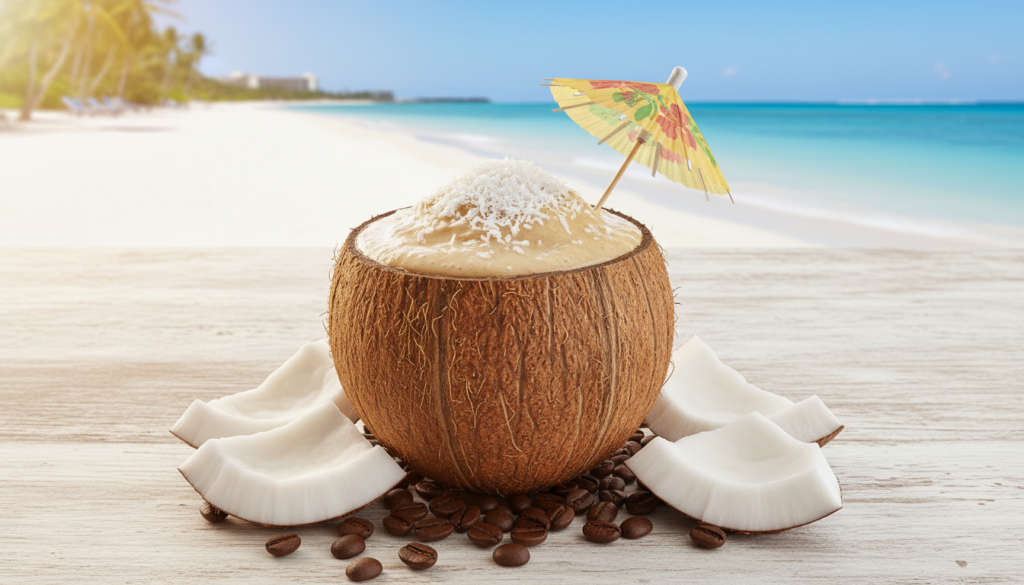 coconut coffee protein smoothie with tropical ingredients