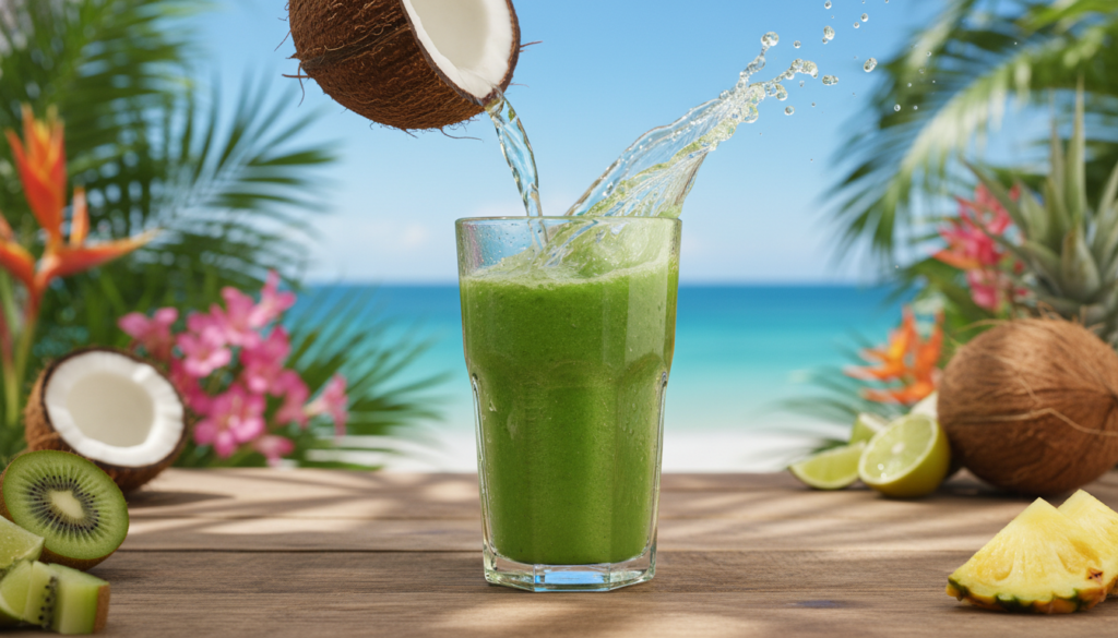 coconut water being poured into green smoothie for healthy glowing skin