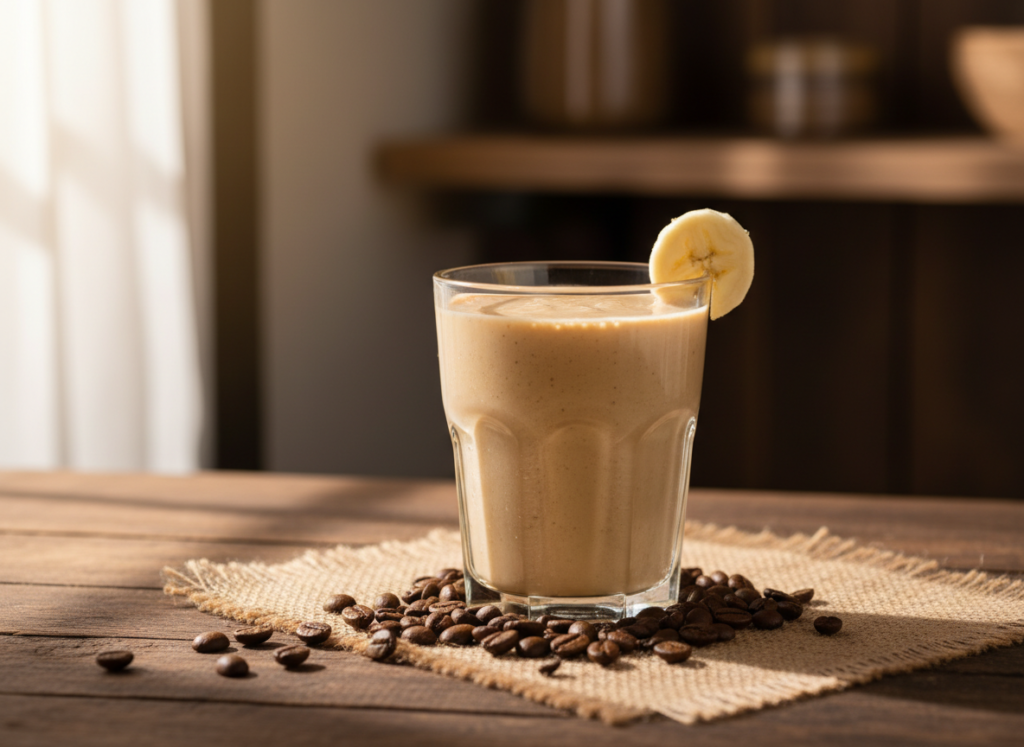 coffee banana smoothie showing creamy mocha color