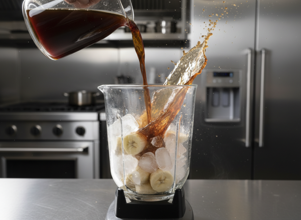coffee being poured into blender with protein powder