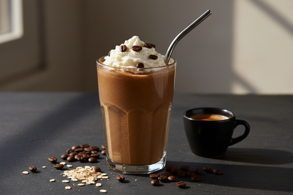 coffee-colored protein oatmeal smoothie for weight loss with coffee beans garnish