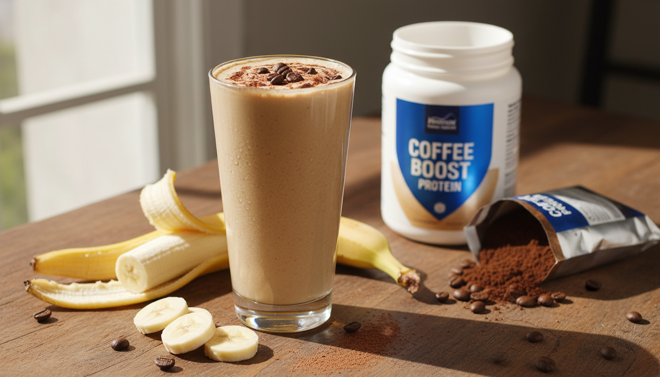 coffee protein smoothie healthy in a glass with coffee beans