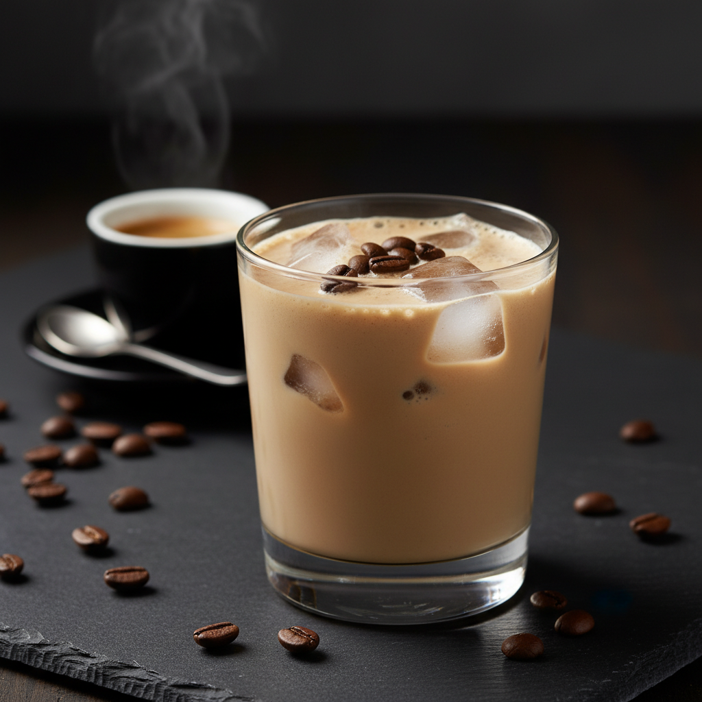 coffee protein smoothie with coffee beans and ice