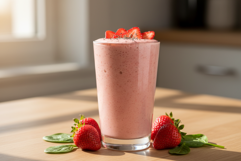 collagen glow skin smoothie in a glass with strawberries