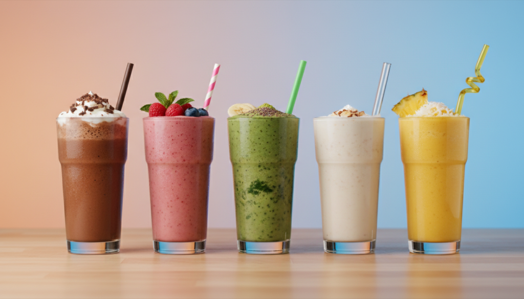 collection of different high protein smoothie recipes in glasses
