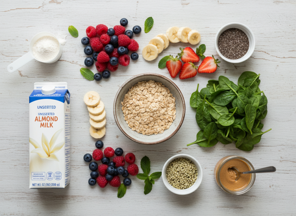 collection of ingredients for smoothies for weight losing with oats including protein powder, almond milk, and fresh fruits