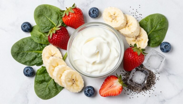 colorful array of fruit smoothie recipes healthy ingredients including fresh berries banana spinach and yogurt