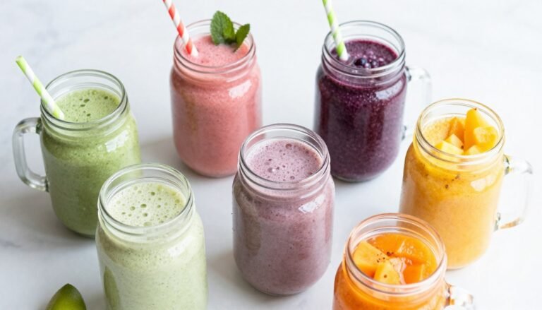 colorful array of healthy breakfast smoothies in glass jars