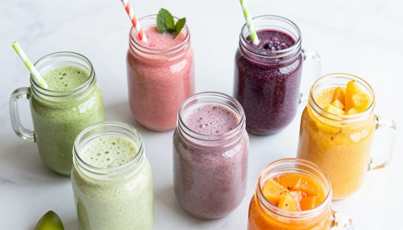 colorful array of healthy breakfast smoothies in glass jars
