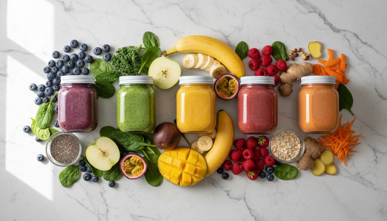 colorful array of healthy smoothie recipes for gut health in glass jars
