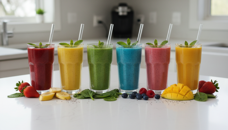 colorful healthy smoothie recipes for kids with fresh fruits arranged on kitchen counter