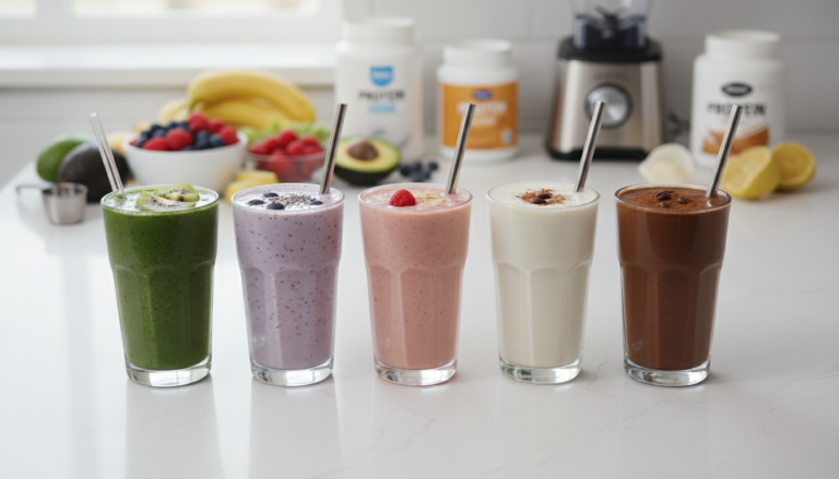 colorful protein smoothies for weight losing with protein arranged on a kitchen counter