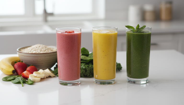 colorful smoothies for weight losing with oats arranged on kitchen counter with fresh ingredients