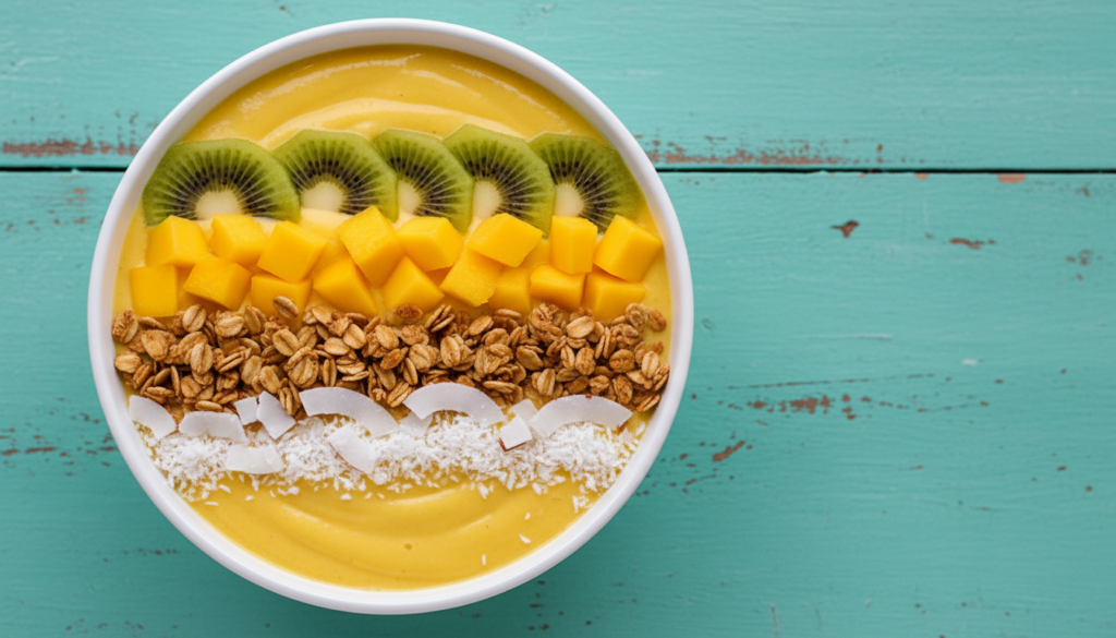 colorful tropical smoothie bowl with fresh fruit toppings