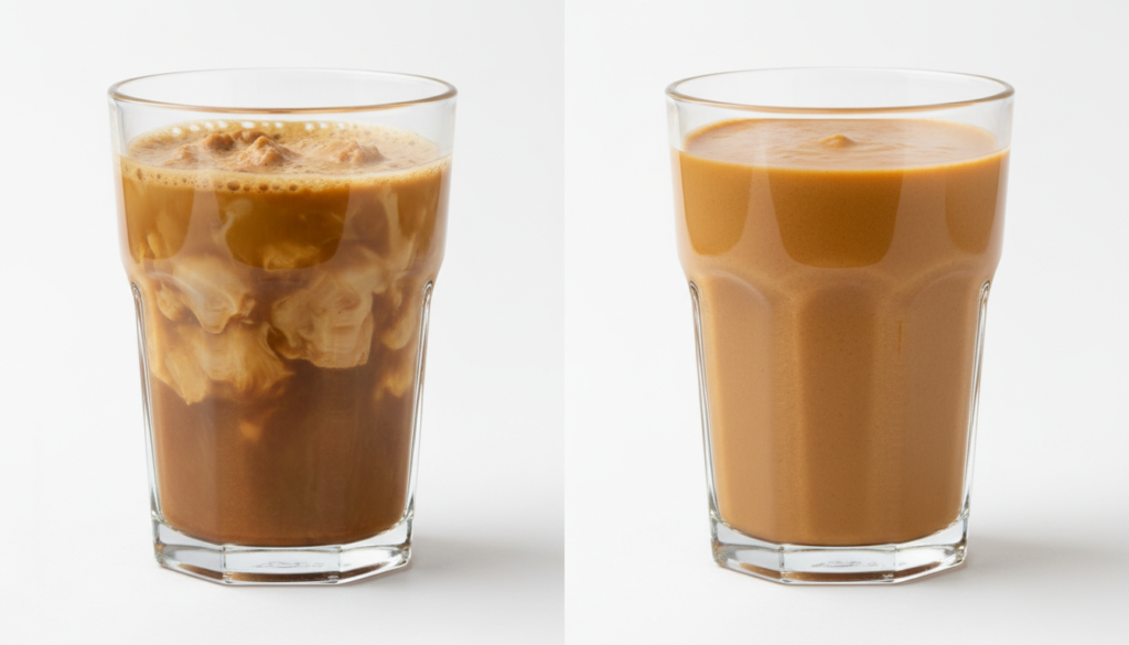 comparison of poorly made versus perfect coffee protein smoothie