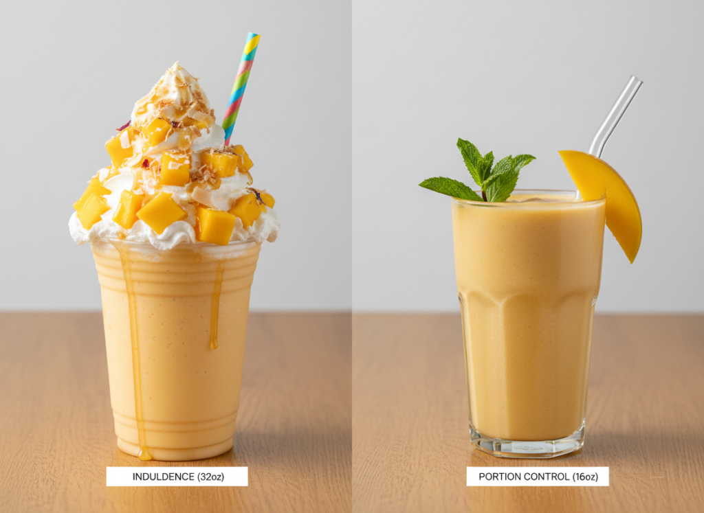 comparison showing oversized smoothie portion next to appropriate serving size