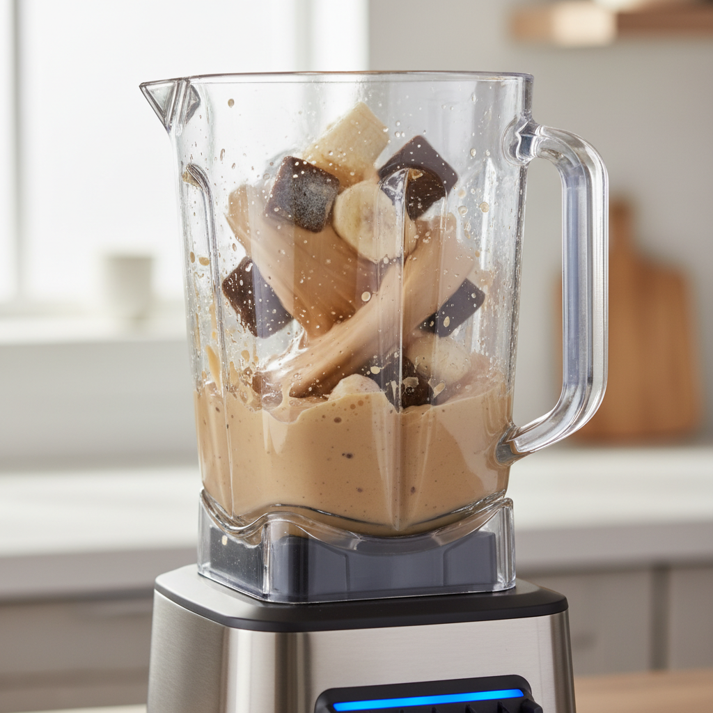 creamy coffee protein smoothie being blended