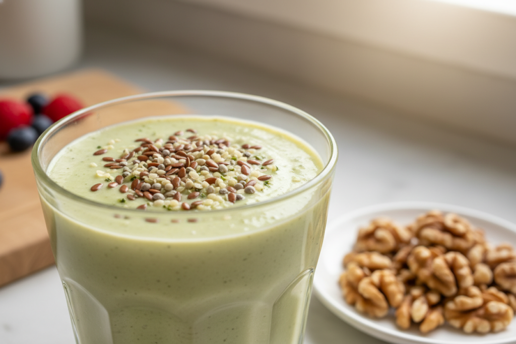 creamy smoothie with visible flax and hemp seeds