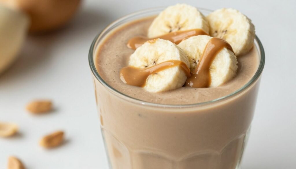 creamy tan smoothie topped with banana slices and drizzled peanut butter creamy tan smoothie topped with banana slices and drizzled peanut butter