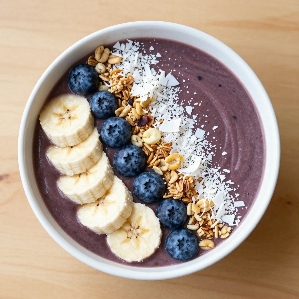 dark purple acai smoothie bowl topped with granola berries and coconut flakes dark purple acai smoothie bowl topped with granola berries and coconut flakes