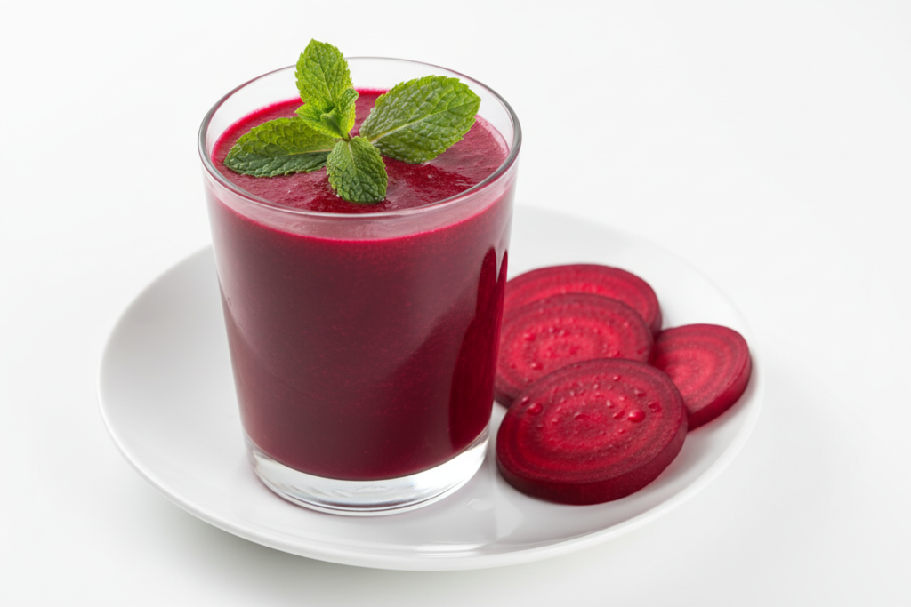 deep red beetroot smoothie with mint garnish