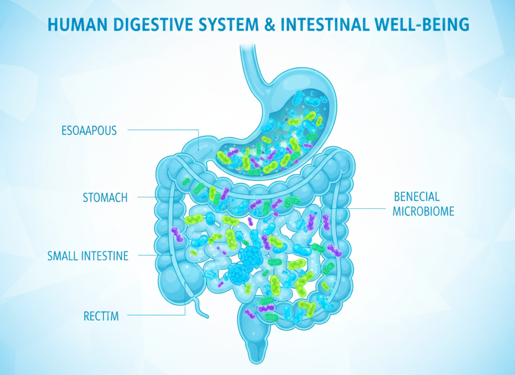 diagram showing gut health bacteria and digestive system