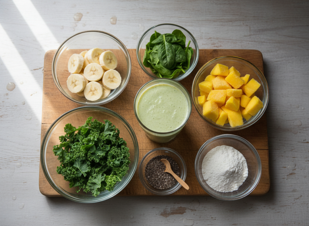essential green smoothie ingredients including spinach kale bananas and protein powder essential green smoothie ingredients including spinach kale bananas and protein powder